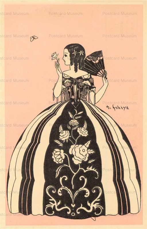af020-蕗谷虹児　薔薇柄ドレスの女性